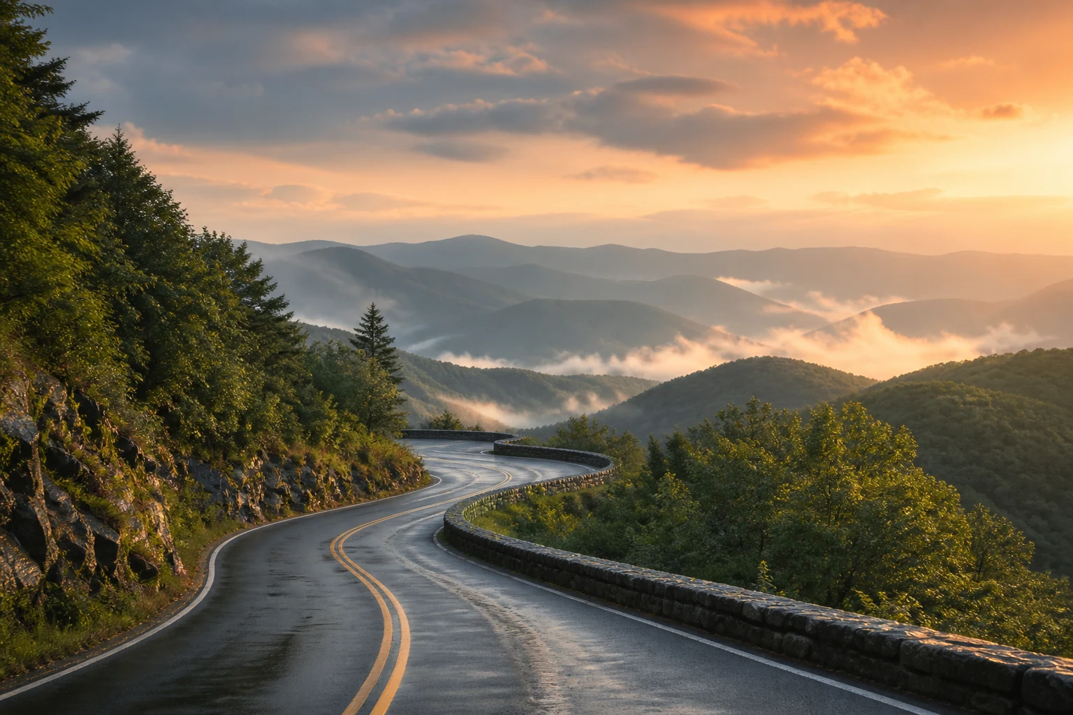 A mountain road curving toward layered ridges in golden light