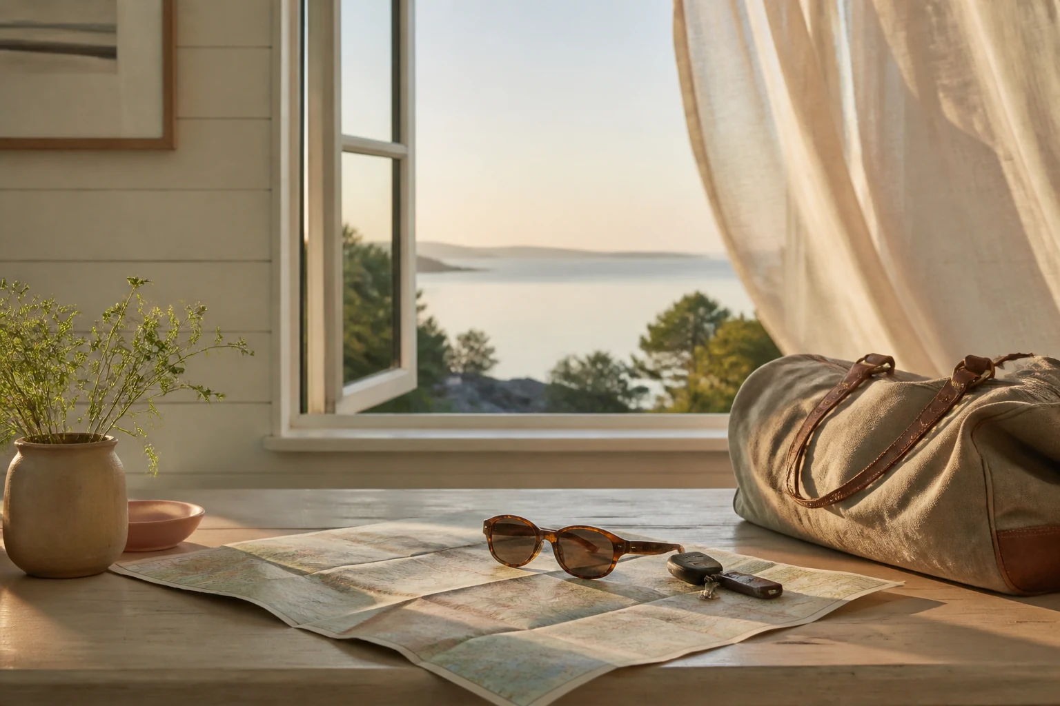 A map, sunglasses, keys, and a weekender bag beside an open coastal window